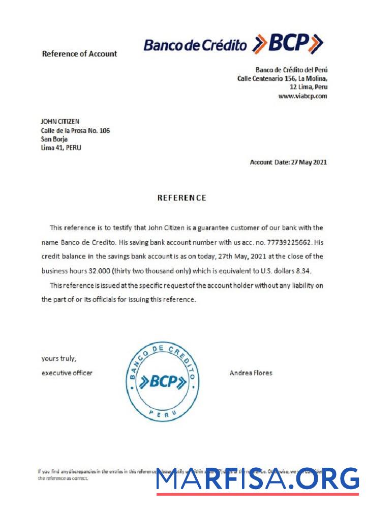 Downloadable Peru Banco de Credito reference real example